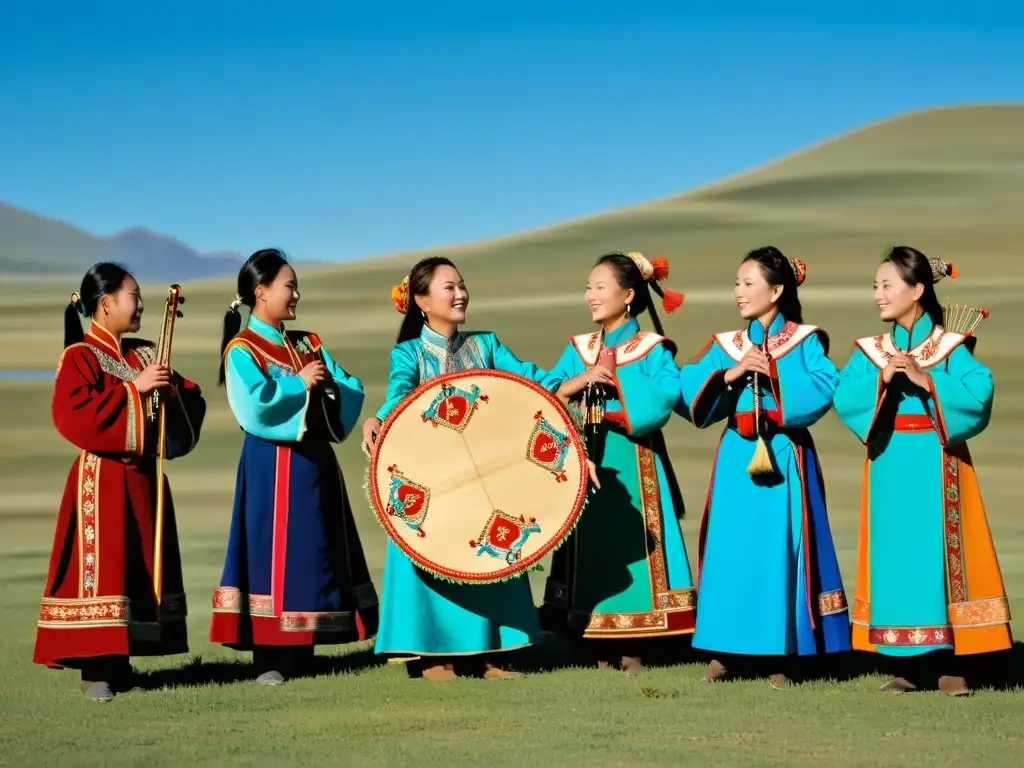 Un grupo de mujeres mongolas viste coloridos deels tradicionales mientras tocan morin khuur bajo el cielo azul de la estepa mongola