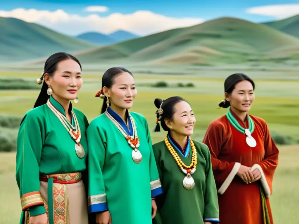 Un grupo de mujeres mongolas visten de deels tradicionales en un paisaje de colinas verdes