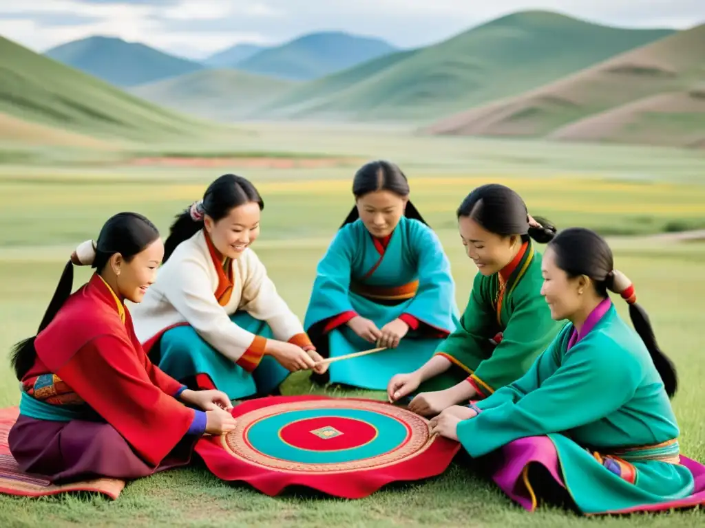 Un grupo de mujeres mongolas teje con destreza y pasión en la naturaleza, reflejando la belleza de la artesanía mongola