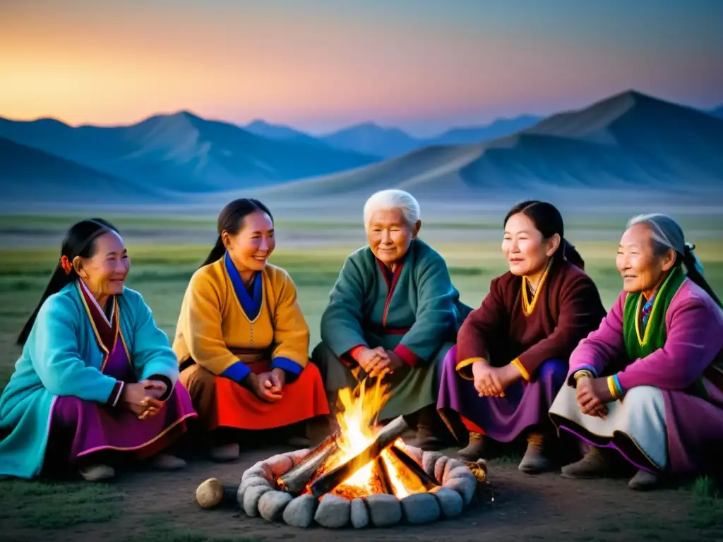 Grupo de mujeres mongolas de edad avanzada reunidas alrededor de una fogata en la estepa mongola, representaciones de género en Mongolia