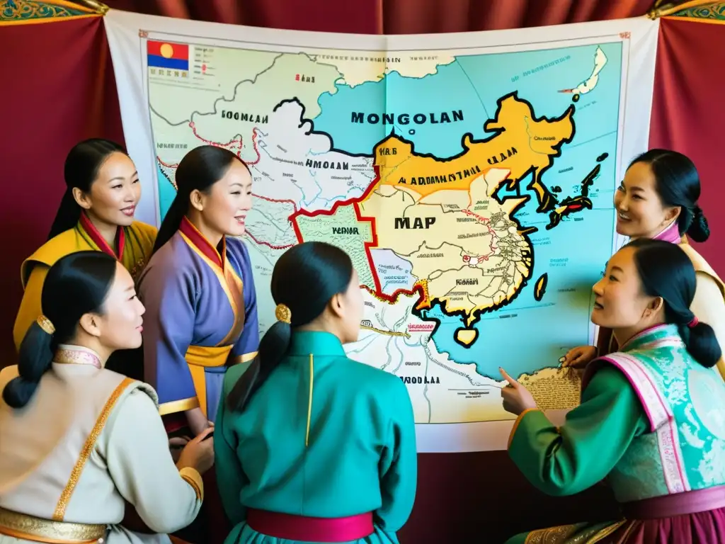 Grupo de mujeres mongolas planificando estrategias en un detallado mapa del Imperio Mongol