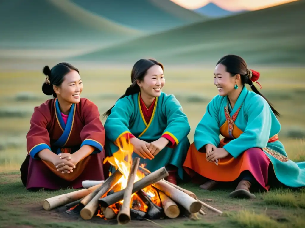 Grupo de mujeres mongolas en la estepa, cocinando, cuidando ganado y tejiendo, mostrando su poder y diversidad en la sociedad mongola