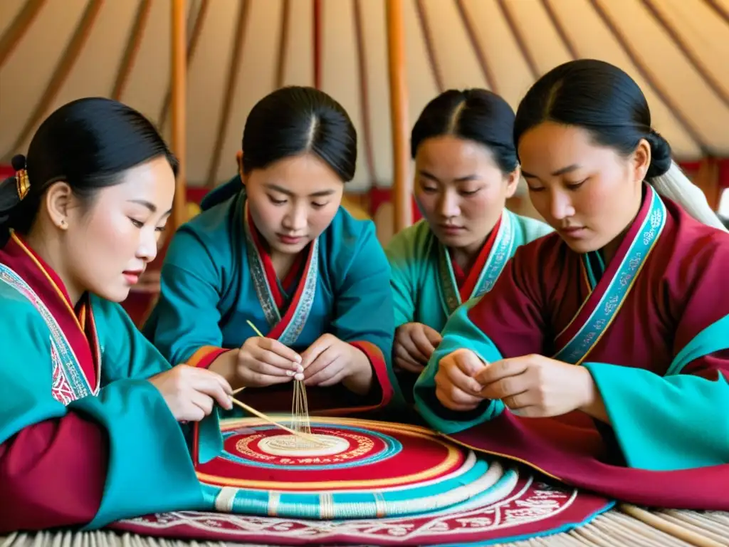 Un grupo de mujeres mongolas crea intrincados patrones en textiles, destacando la artesanía mongola