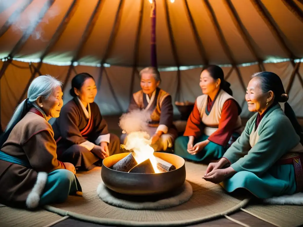 Un grupo de mujeres mongolas mayores en atuendo tradicional realizando una ceremonia de sanación en una yurta, con prácticas de salud mujeres mongolas