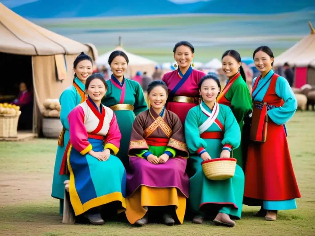 Un grupo de mujeres mongolas en un mercado rural, mostrando sus roles comerciales en el Imperio Mongol