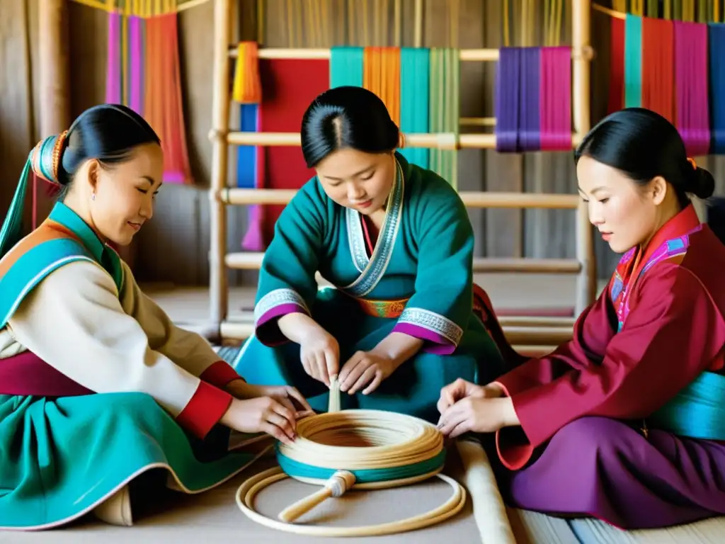 Un grupo de mujeres mongolas tejiendo patrones en telas coloridas en telares tradicionales, rodeadas de hilos vibrantes y herramientas artesanales