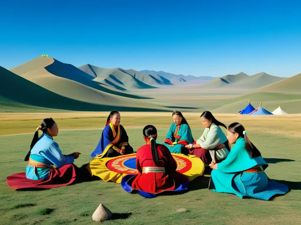 Grupo de mujeres mongolas participando en un ritual chamánico, rodeadas de banderas de oración vibrantes en la estepa de Mongolia