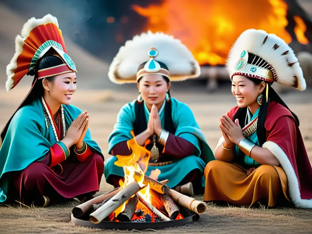 Grupo de mujeres chamán mongolas en ritual, rodeadas de símbolos religiosos, expresando poder espiritual y sincretismo mongol