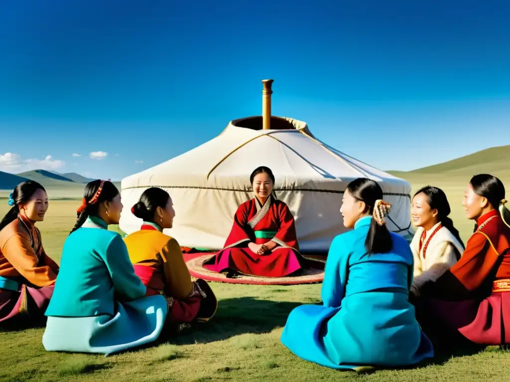 Un grupo de mujeres mongoles en un animado debate alrededor de un yurta decorado