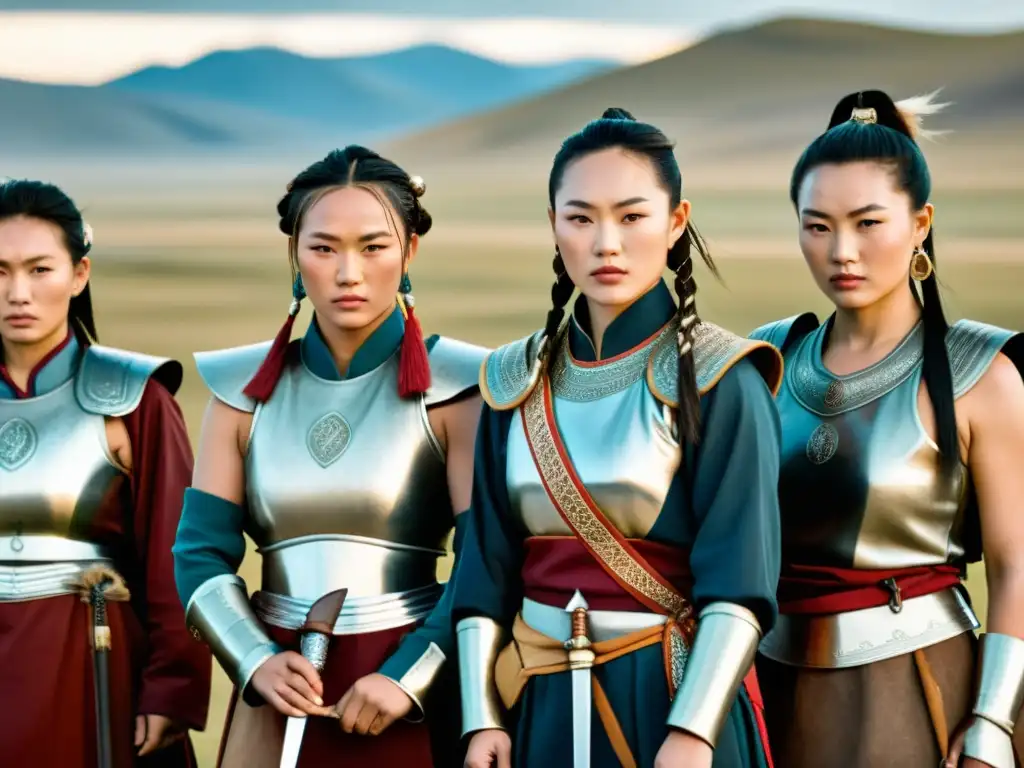 Grupo de mujeres mongoles en atuendo guerrero tradicional, emitiendo fortaleza y liderazgo en las vastas estepas de Mongolia