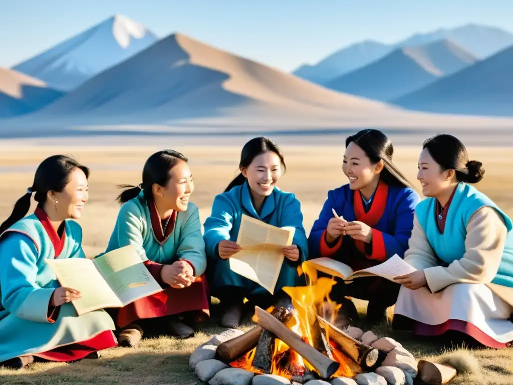 Un grupo de mujeres mongoles en atuendos tradicionales se reúnen alrededor de una fogata en la vasta estepa mongola, compartiendo conocimientos mientras disfrutan de la serenidad del paisaje