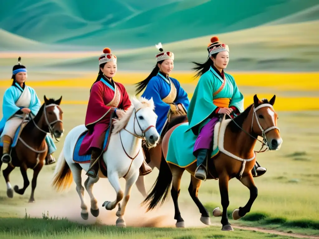 Grupo de mujeres mongoles en atuendos tradicionales, cabalgando por la estepa mongol, realizando diversas tareas