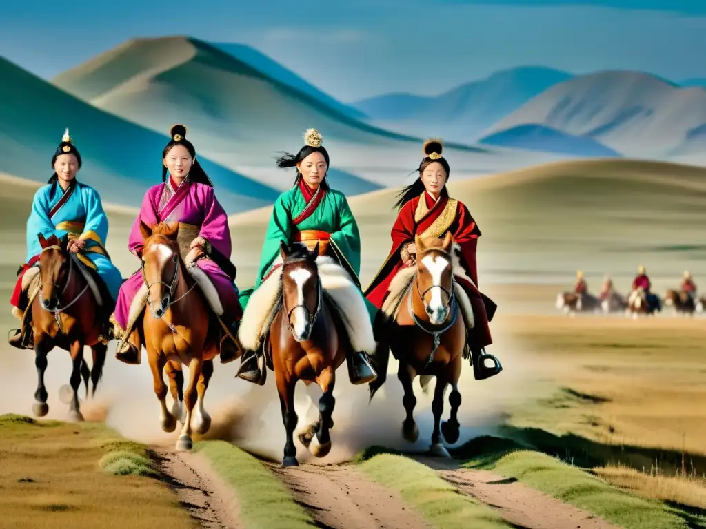 Un grupo de mujeres mongoles monta a caballo por las estepas, liderando una caravana