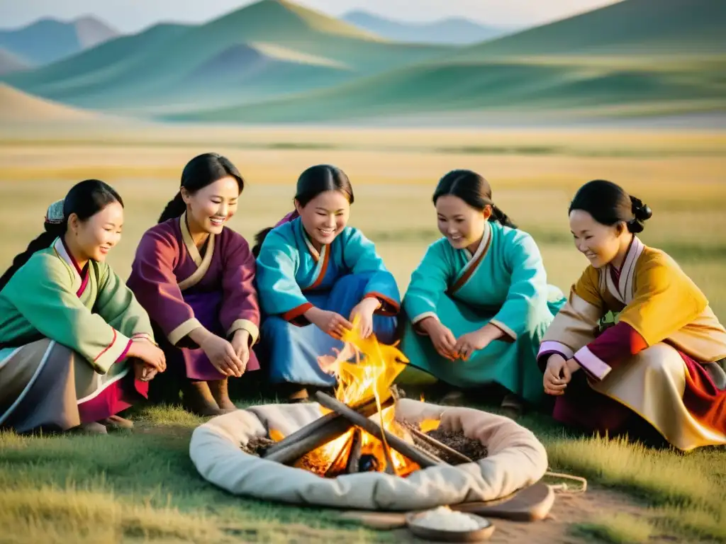 Un grupo de mujeres mongoles en la estepa, llevando a cabo diversas tareas, mostrando sus roles en el Imperio Mongol