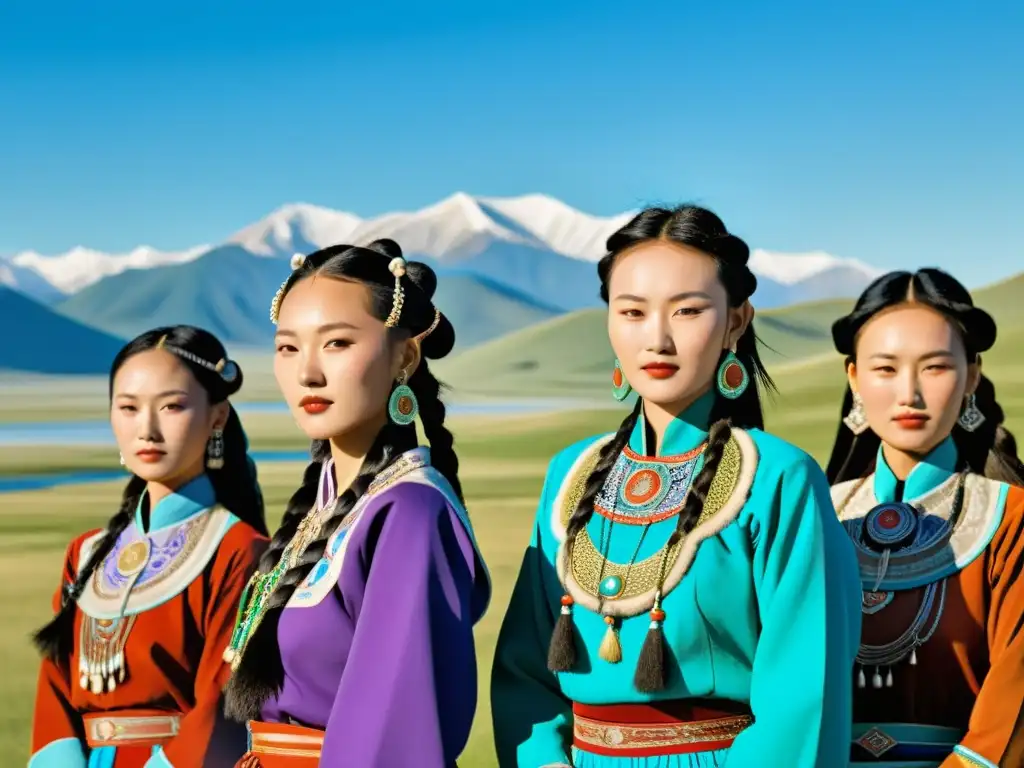 Un grupo de mujeres mongoles vistiendo deels tradicionales con bordados y joyería de plata, en un paisaje de praderas y montañas bajo un cielo azul