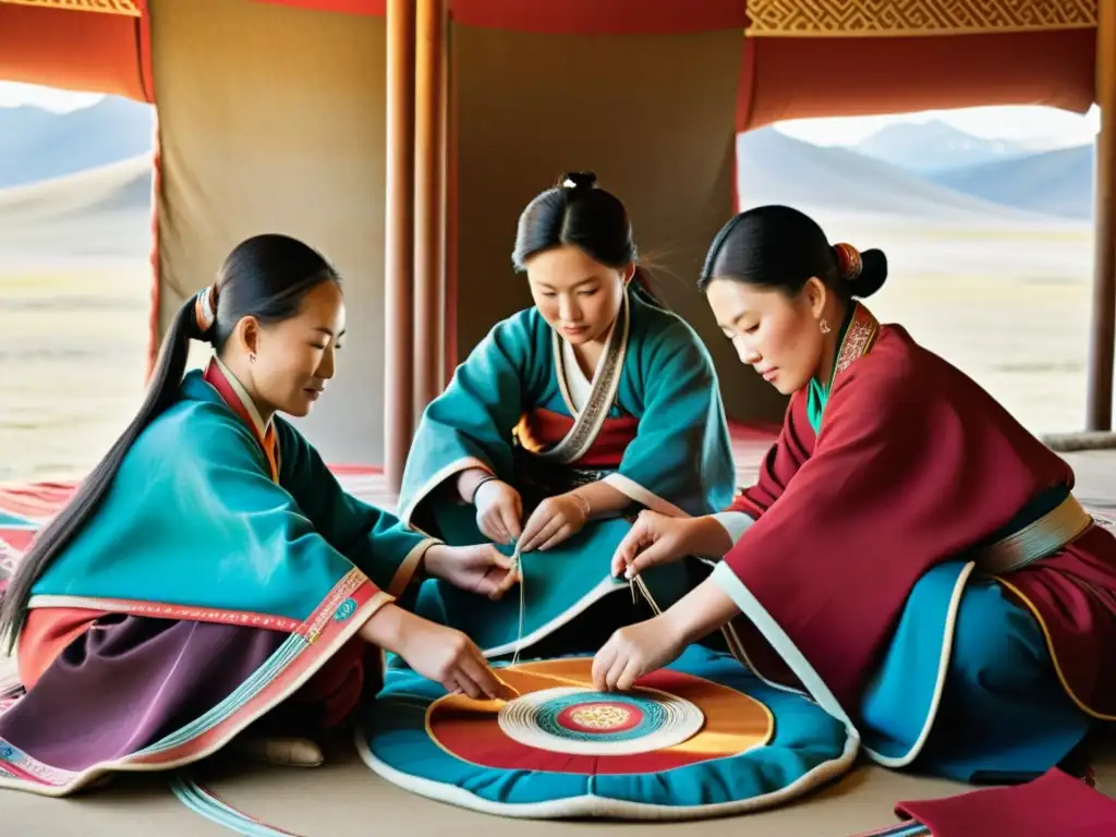 Un grupo de mujeres mongoles teje con destreza patrones en vibrantes telas, reflejando la rica herencia cultural de Mongolia