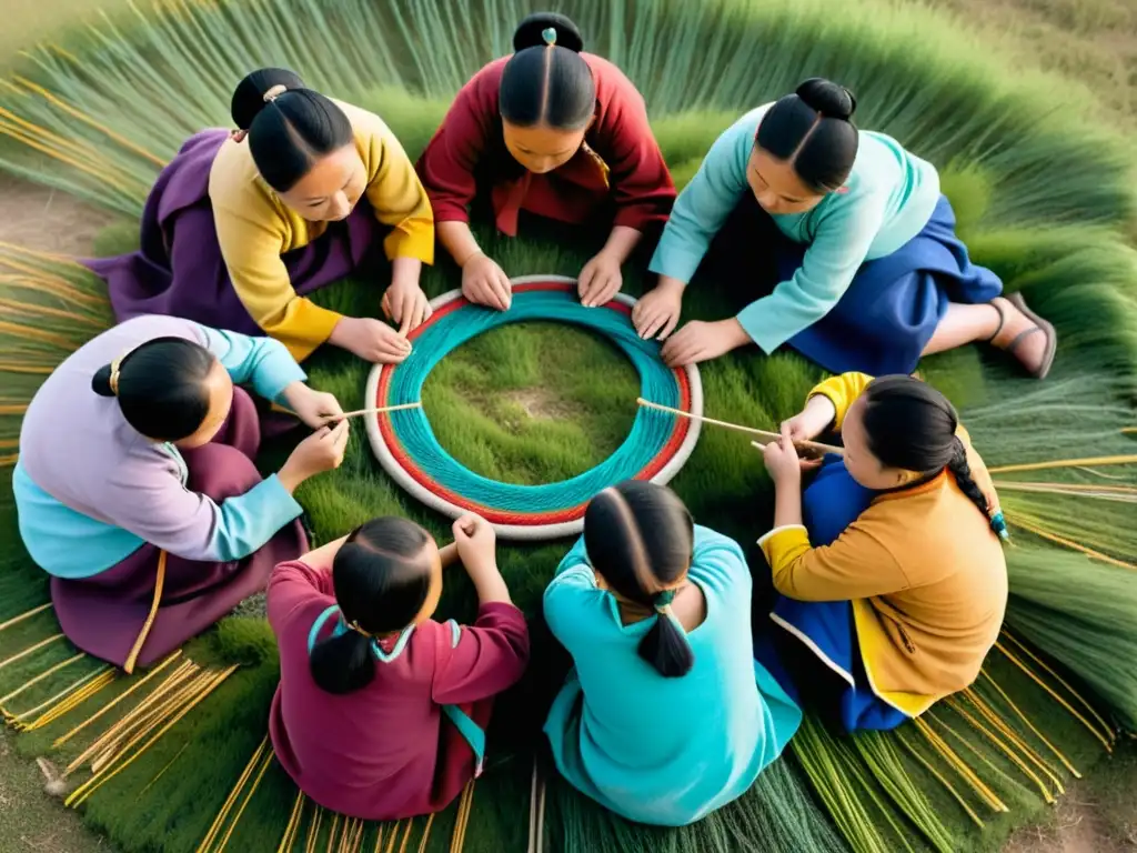 Un grupo de mujeres mongoles teje con destreza en la estepa, reflejando la rica tradición del tejido en Mongolia