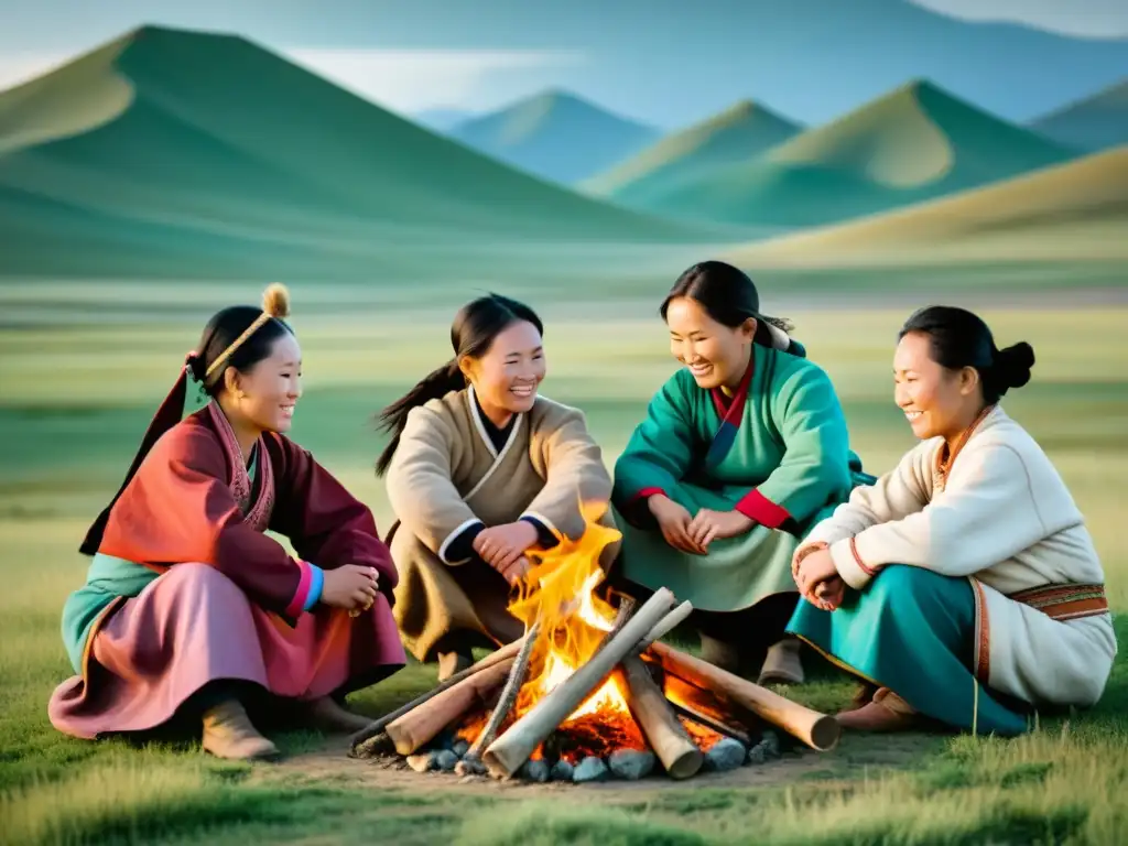 Un grupo de mujeres mongoles en la estepa, cocinando, tejiendo y cuidando el ganado