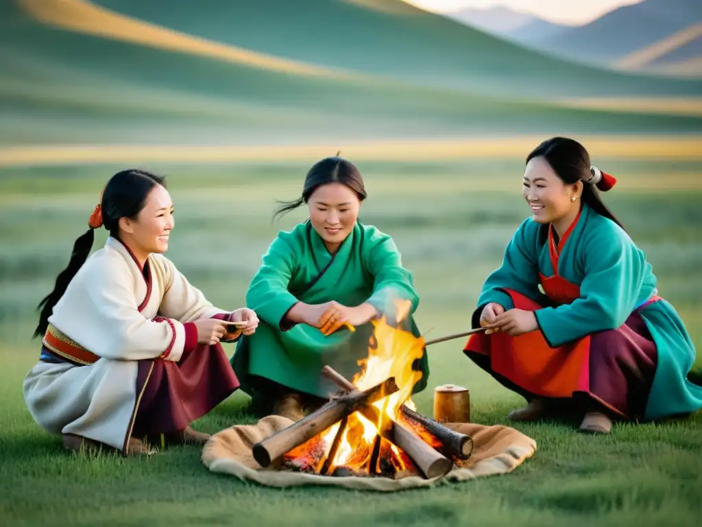 Un grupo de mujeres mongoles en la estepa, cocinando, cosiendo y cuidando ganado, revela los roles mujeres Imperio Mongol en la vida diaria