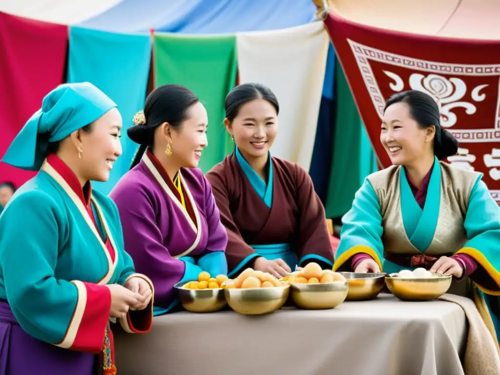 Grupo de mujeres mongoles en mercado, mostrando su espíritu emprendedor y vitalidad económica