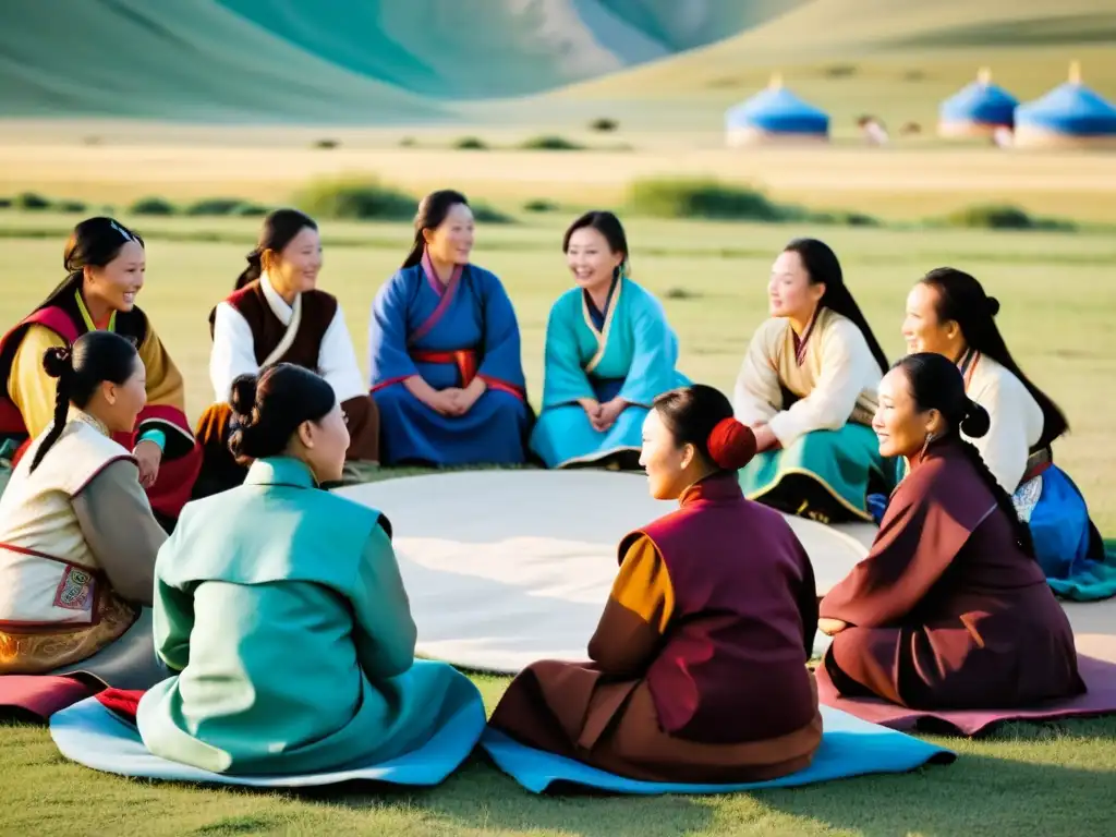 Grupo de mujeres mongoles liderando una reunión comunitaria al aire libre, demostrando determinación y liderazgo