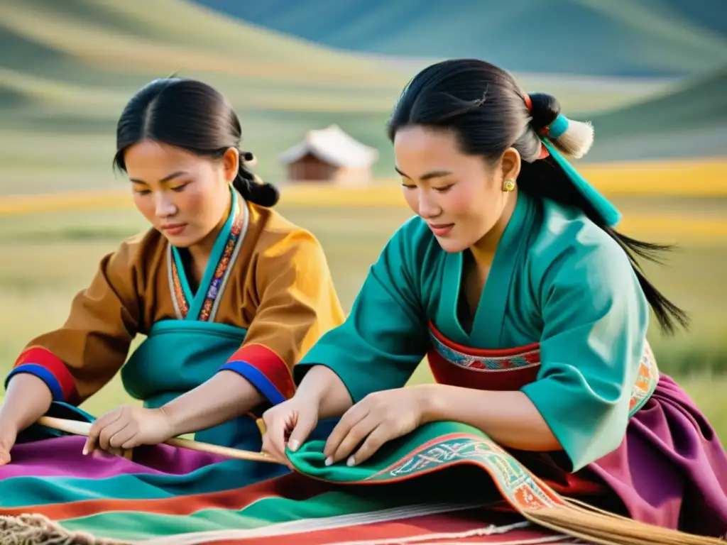 Un grupo de mujeres mongoles tejiendo textiles tradicionales con patrones intrincados en un hermoso paisaje