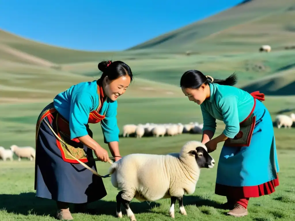 Un grupo de mujeres mongoles en trajes tradicionales esquilando ovejas en una vasta pradera, mostrando su papel en la economía mongol