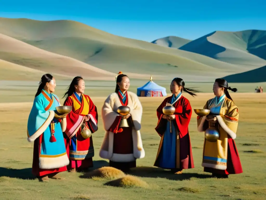 Un grupo de mujeres mongoles vestidas con trajes chamánicos tradicionales, realizando un ritual en la vasta estepa mongol