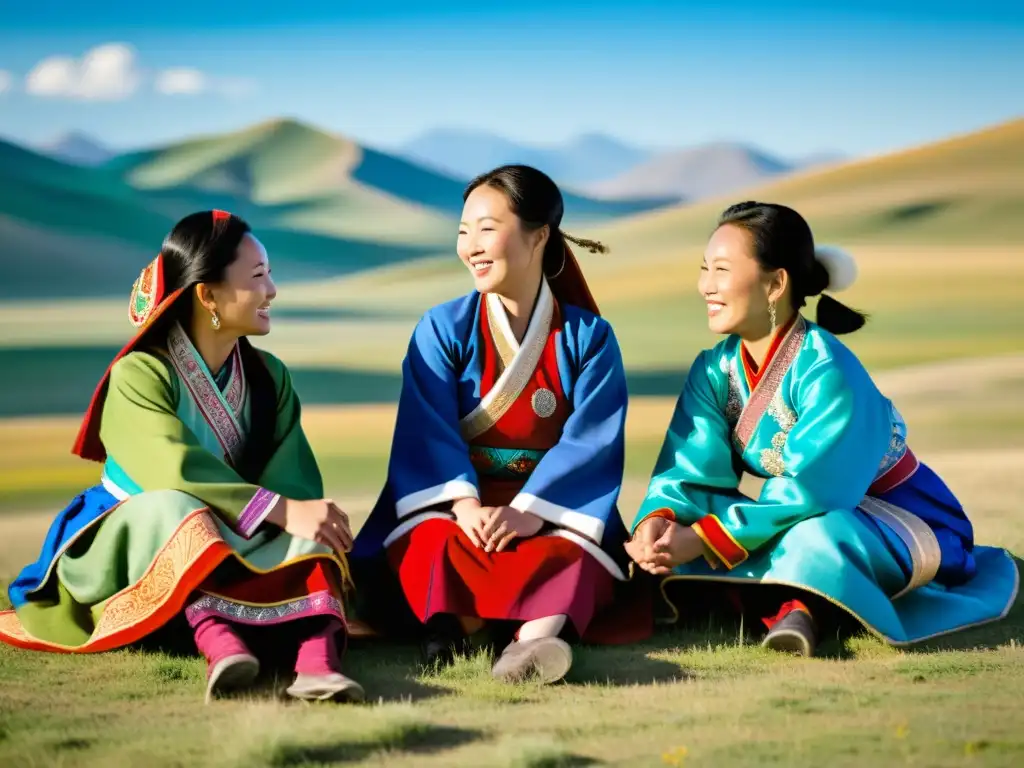 Un grupo de mujeres mongoles vestidas con atuendos tradicionales, conversando animadamente en un paisaje amplio