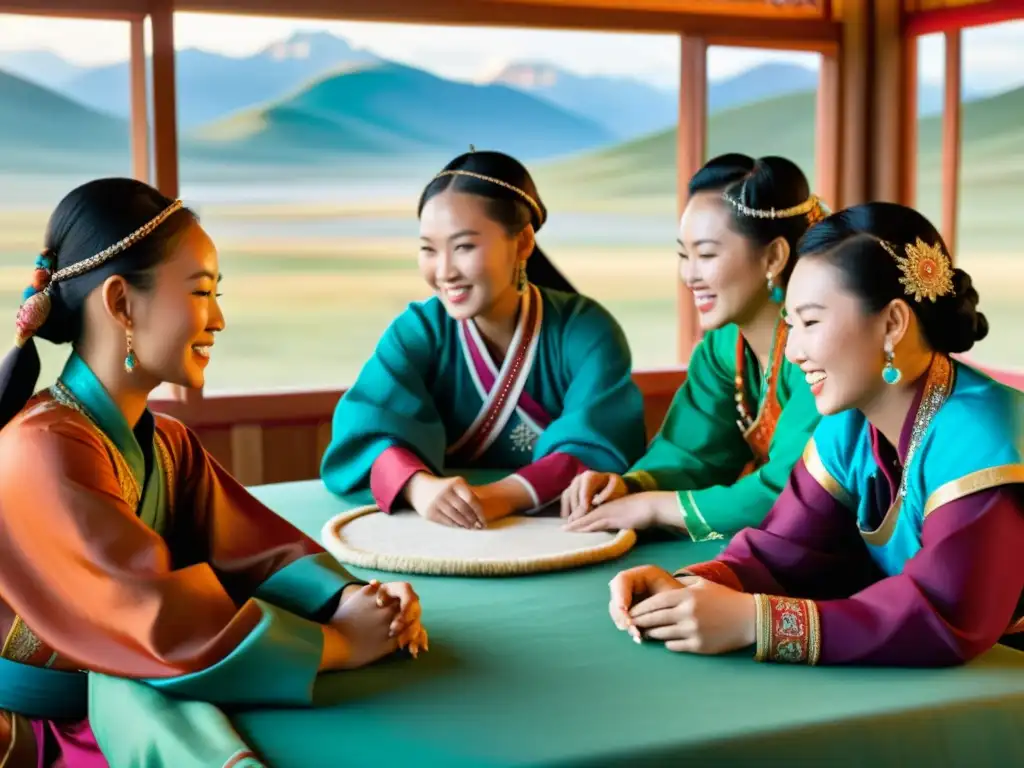 Un grupo de mujeres mongoles, vestidas con trajes tradicionales, conversan animadamente alrededor de una mesa, con el vasto paisaje mongol de fondo