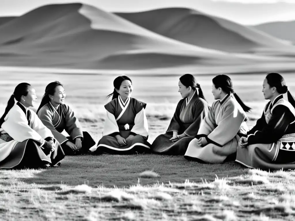 Un grupo de mujeres mongoles vestidas con atuendos tradicionales, reunidas en la estepa mongola