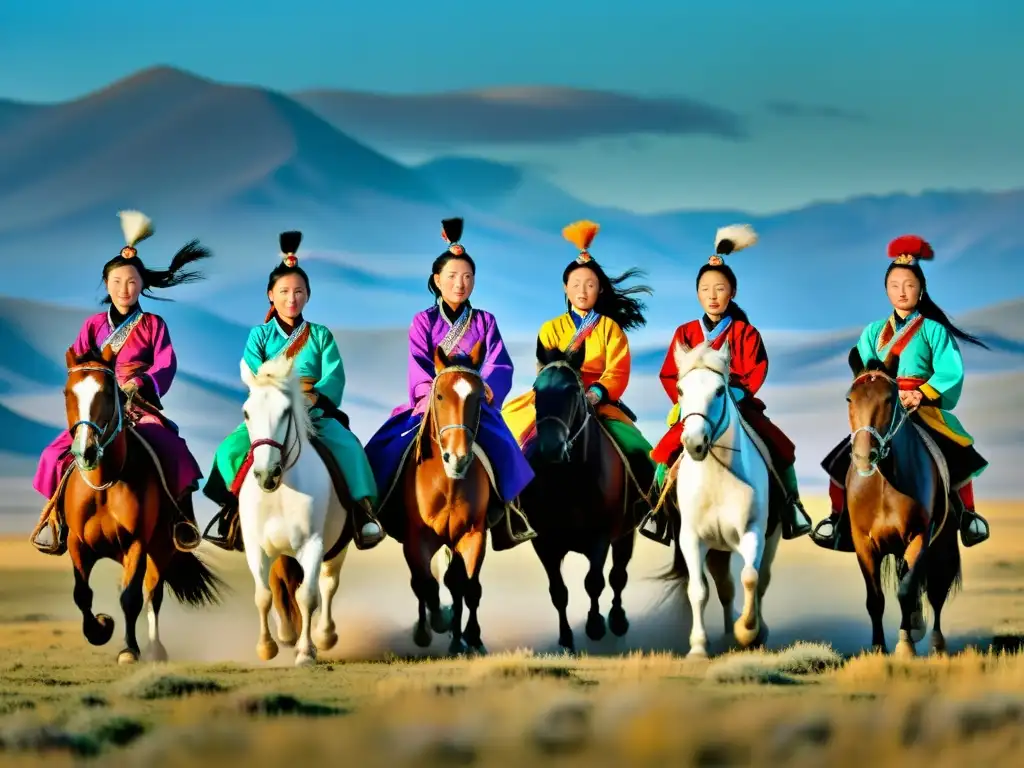 Un grupo de mujeres mongoles, vestidas con atuendos tradicionales, cabalgan con confianza a través de la vasta estepa