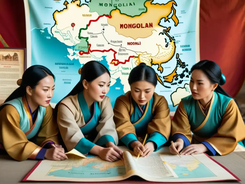 Un grupo de mujeres mongoles vestidas con trajes tradicionales discuten frente a un mapa, rodeadas de artefactos históricos