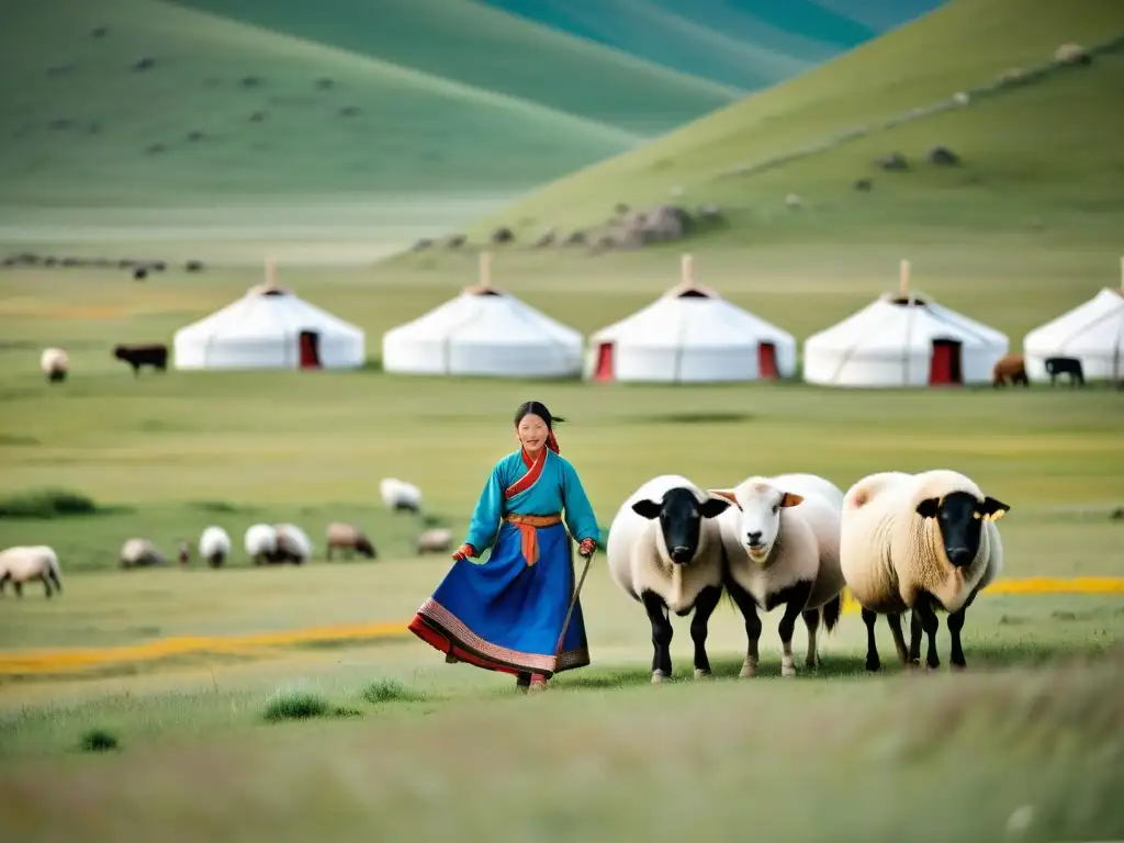 Grupo de mujeres mongoles en vestimenta tradicional cuidando ganado en la vasta pradera, mostrando su papel en el Imperio Mongol