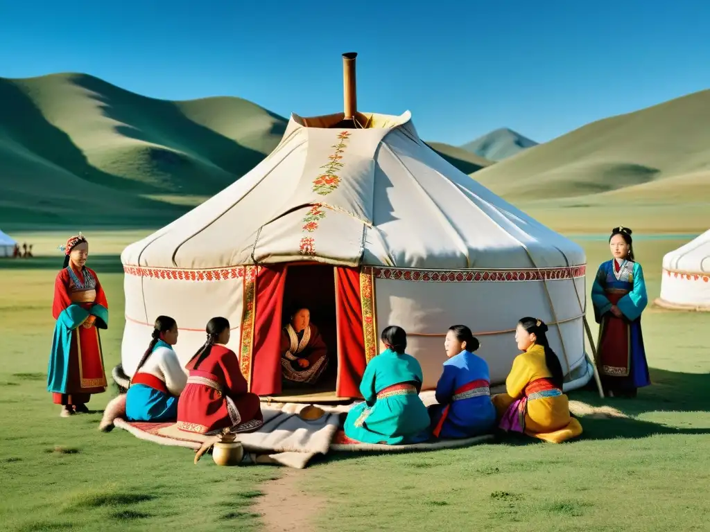 Un grupo de mujeres mongoles se reúnen alrededor de un yurta, compartiendo historias mientras visten trajes tradicionales