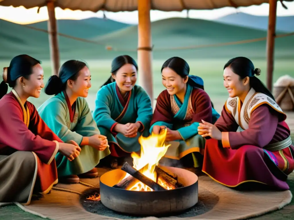 Grupo de mujeres mongoles en yurta, transmitiendo sabiduría y tradición