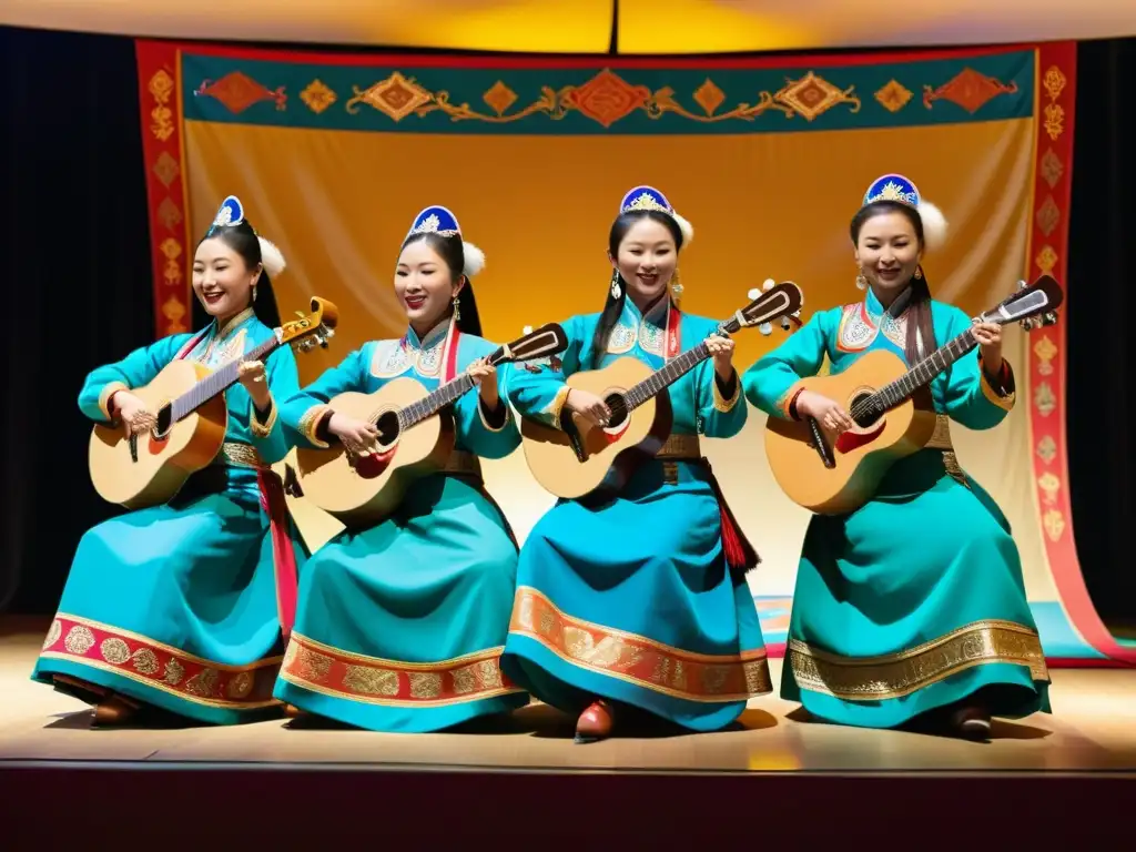 Grupo de mujeres músicas vestidas con trajes tradicionales mongoles, tocando instrumentos y transmitiendo historias de poder a través de la música