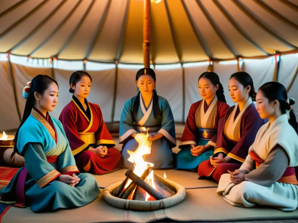 Un grupo de mujeres en el sincretismo mongol realizando una ceremonia religiosa en una yurta, con ofrendas y oraciones fervientes, rodeadas de símbolos religiosos y coloridos tapices