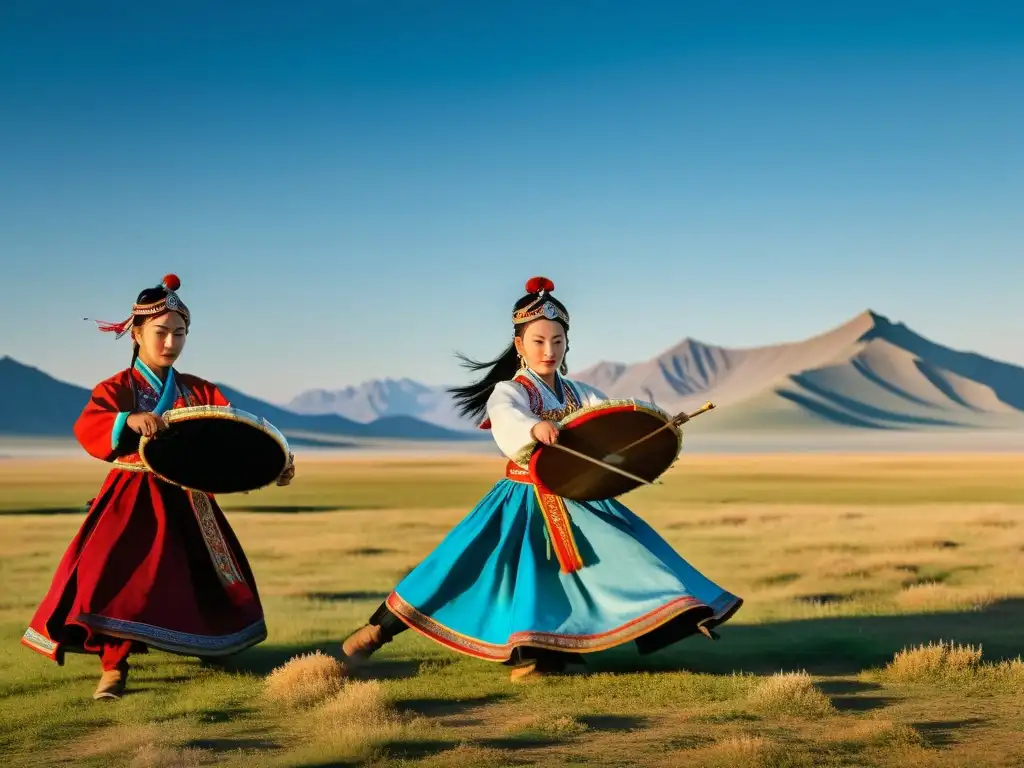 Grupo bailando y tocando música tradicional en el Imperio Mongol, con trajes vibrantes y paisaje épico