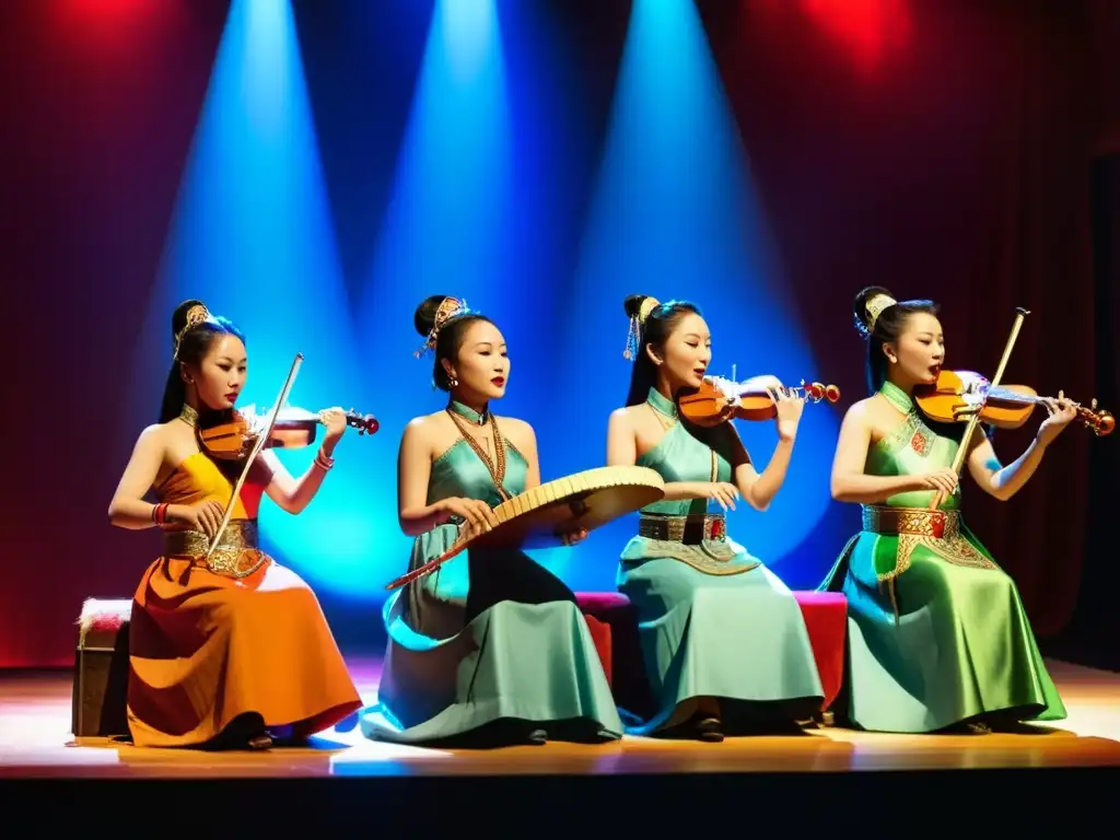 Un grupo de músicas contemporáneas mongolas interpretando instrumentos tradicionales y cantando en un escenario, vestidas con atuendos tradicionales coloridos con influencias modernas, iluminadas por luces escénicas dramáticas que proyectan sombras dinámicas