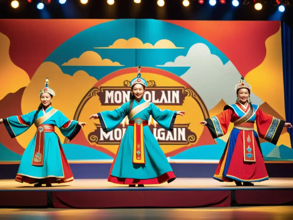 Grupo de músicos y bailarines mongolas tradicionales en un escenario, con trajes vibrantes y detallados