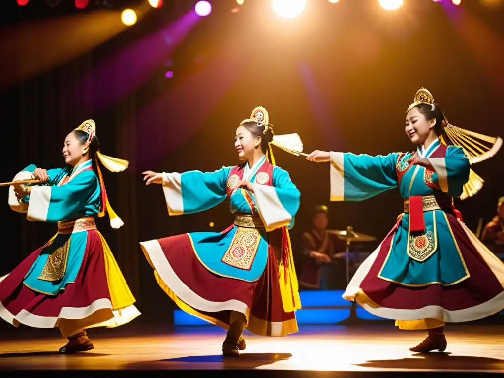 Grupo de músicos y bailarines mongoles en trajes tradicionales, actuando en un escenario iluminado por cálidas luces doradas