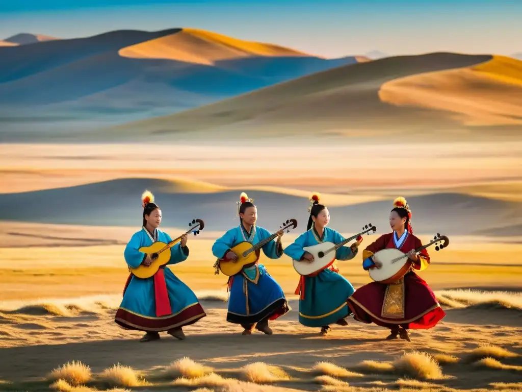 Grupo de músicos y bailarines mongoles realizando música y danza tradicional en la estepa mongola al atardecer