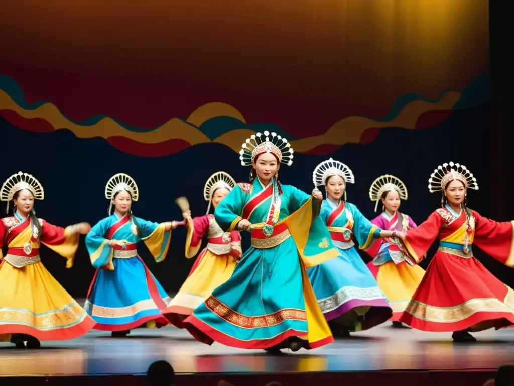 Grupo de músicos y bailarines mongoles en vibrantes trajes tradicionales, actuando en un escenario iluminado con luz cálida dorada, evocando la evolución música danza mongola