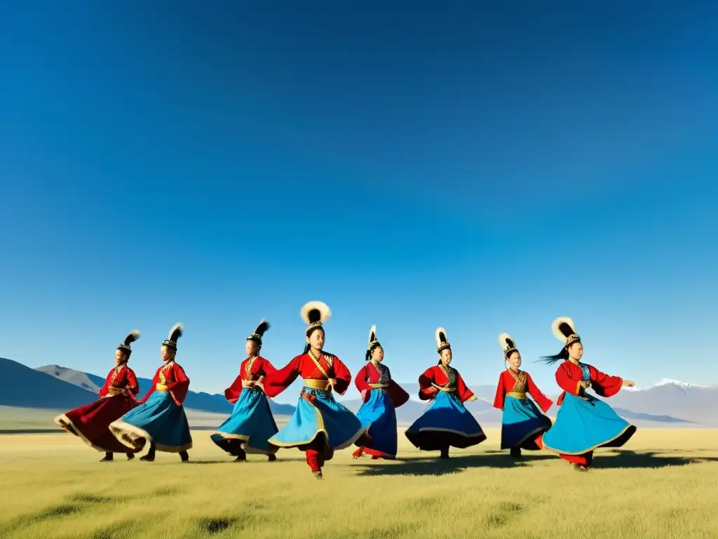 Un grupo de músicos y bailarines mongoles interpretan danzas tradicionales en las praderas, con el cielo azul y montañas al fondo