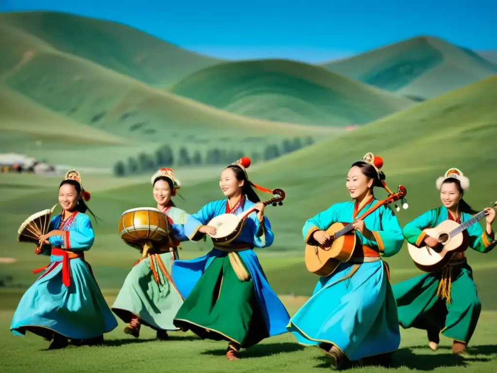 Grupo de músicos y bailarines mongoles en trajes tradicionales frente a colinas verdes, preservando la música y danza mongola siglo tras siglo