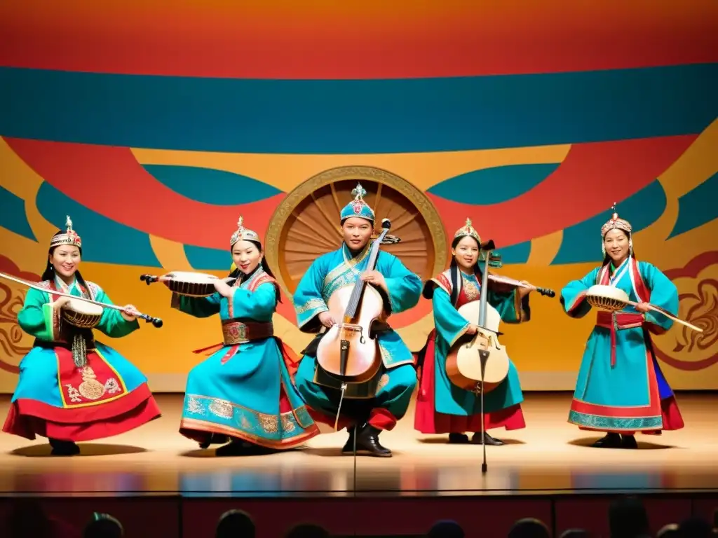 Grupo de músicos y bailarines tradicionales mongoles actuando en un escenario con trajes vibrantes