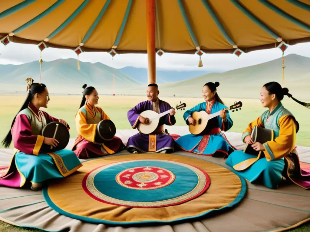 Un grupo de músicos mongoles toca instrumentos tradicionales y viste trajes coloridos bajo un yurta decorado