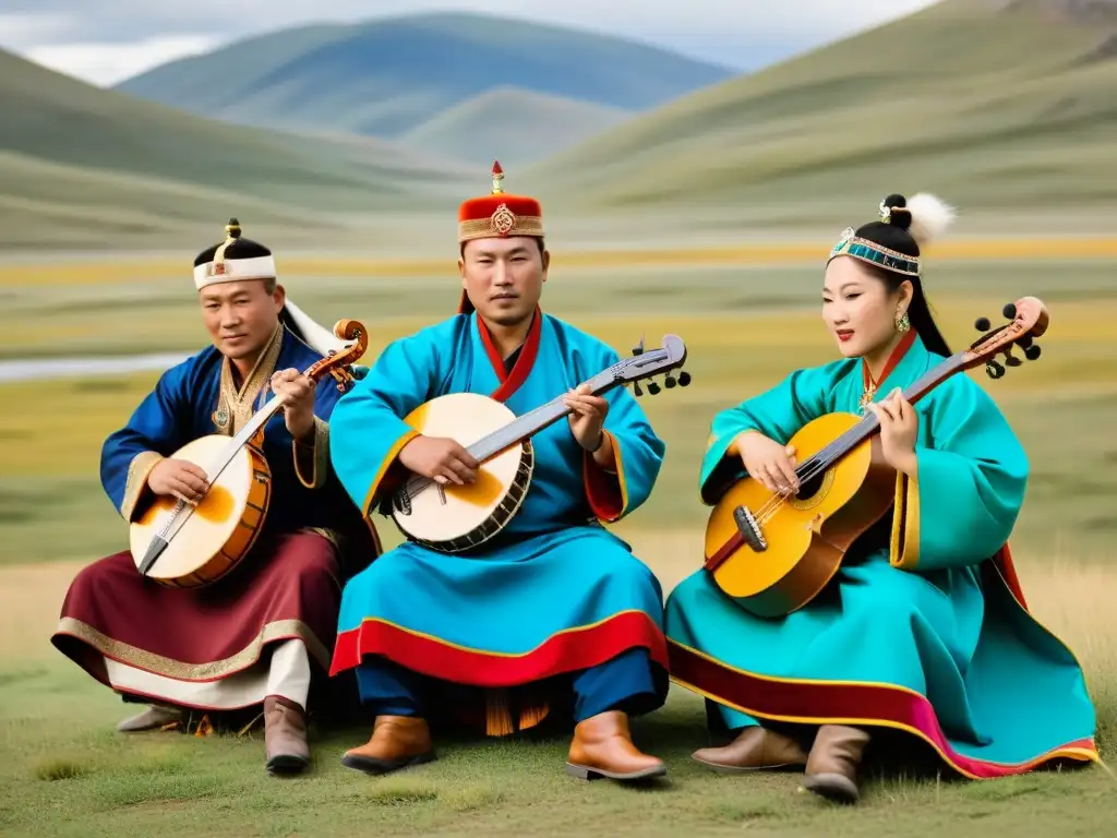 Grupo de músicos mongolos tocando instrumentos tradicionales en paisaje impresionante