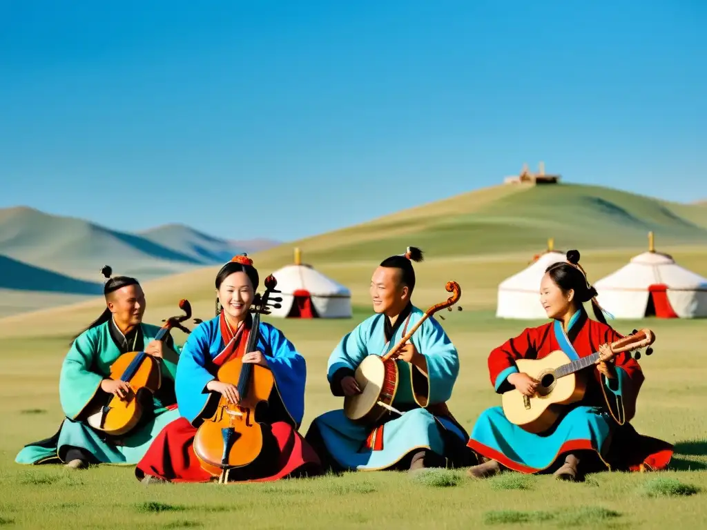 Grupo de músicos mongoles tocando instrumentos tradicionales en la vasta estepa, rodeados de yurtas y caballos